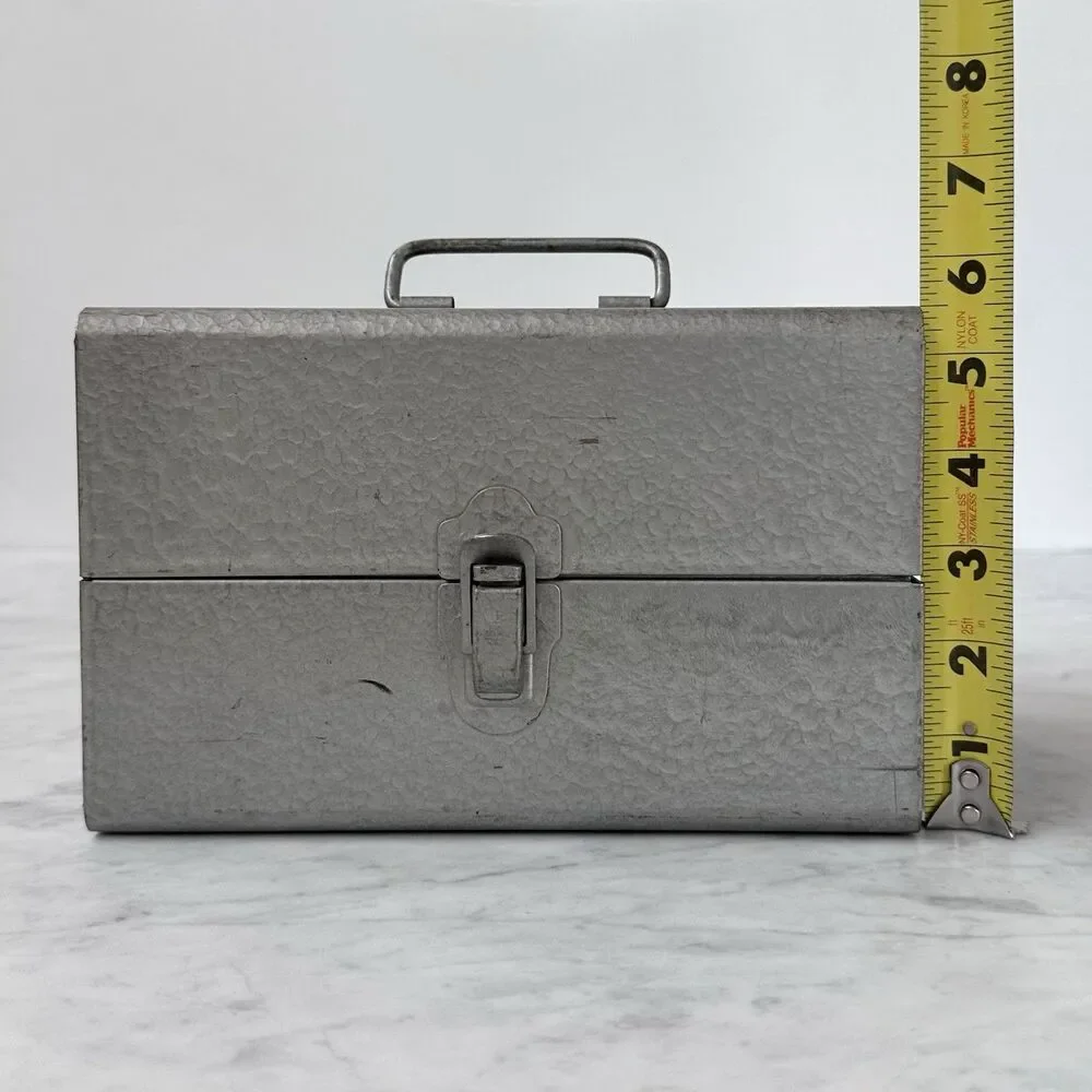 Vintage 8mm Film Storage Metal Case Box w/ 12 Slots and 9 Empty Film Canisters
